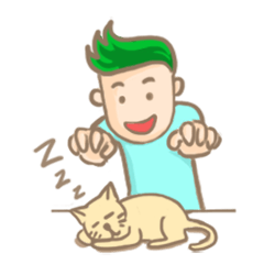 [LINEスタンプ] Mr. green hair ＆ sleepy cat  (Eng)